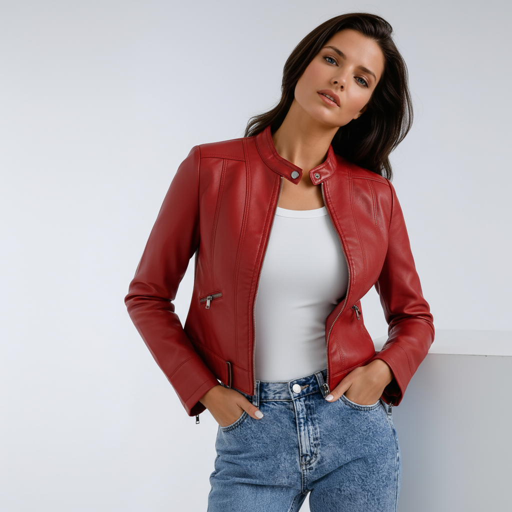 Dames leren jas – Biker Model met Rits