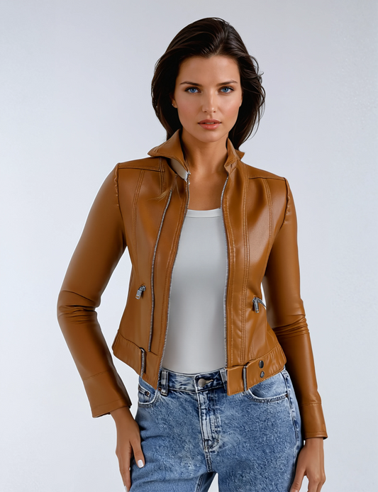 Dames leren jas – Biker Model met Rits