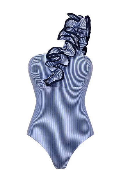 Badpak Dames | One-Shoulder Ruche & Streepprint