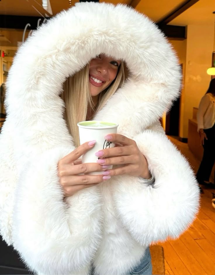 Dames Winterjas Wit | Kunstbont Jas met Capuchon