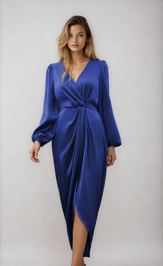 Dames Jurk | Wikkel Midi Jurk met  Taille Ceintuur