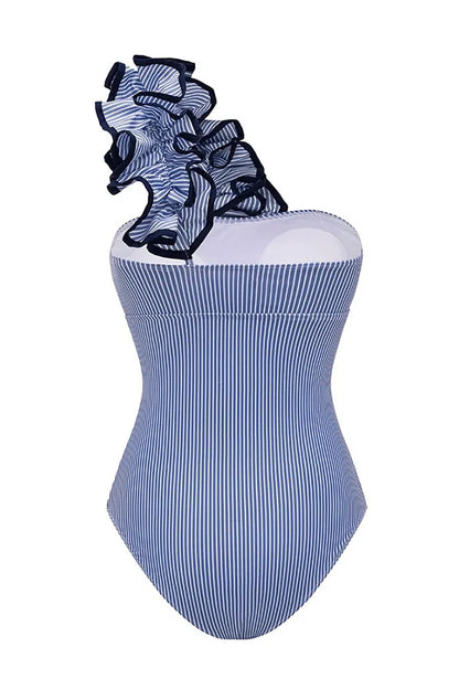 Badpak Dames | One-Shoulder Ruche & Streepprint