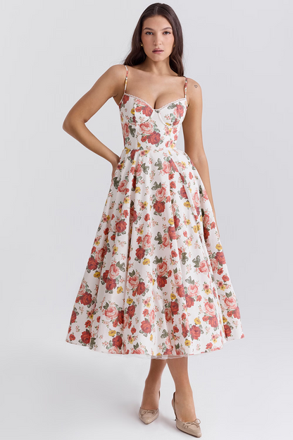 Elegante satijnen midi-jurk met tule rok en verstelbare bandjes, ideaal voor bruiloften, gala’s en speciale gelegenheden