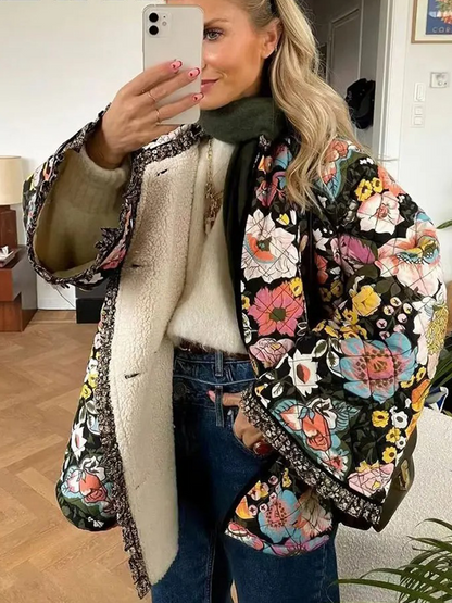 Noémie - Quilt Jas Dames | Gewatteerd Jack Met Bloemenprint | Retro Stijl Jasje Zwart-Multicolor