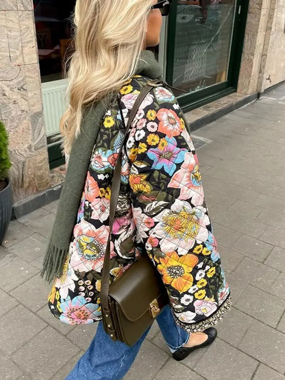 Noémie - Quilt Jas Dames | Gewatteerd Jack Met Bloemenprint | Retro Stijl Jasje Zwart-Multicolor