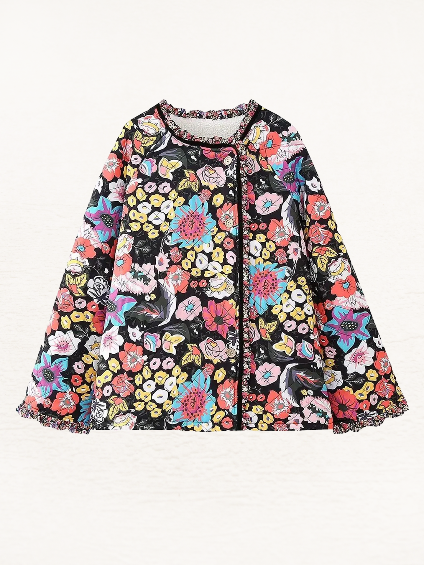Noémie - Quilt Jas Dames | Gewatteerd Jack Met Bloemenprint | Retro Stijl Jasje Zwart-Multicolor