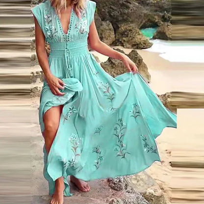 Bohemian Maxi Jurk met V-hals en Bloemenborduursels