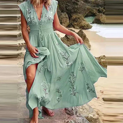 Bohemian Maxi Jurk met V-hals en Bloemenborduursels