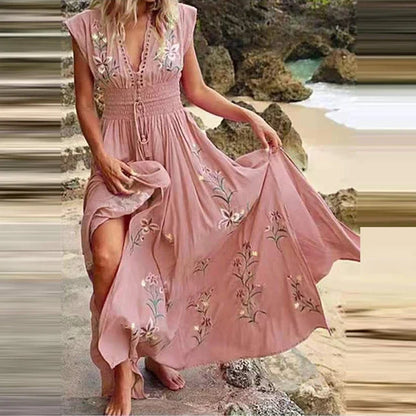Bohemian Maxi Jurk met V-hals en Bloemenborduursels