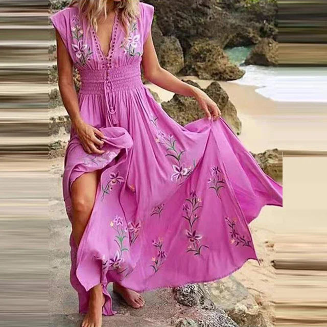 Bohemian Maxi Jurk met V-hals en Bloemenborduursels