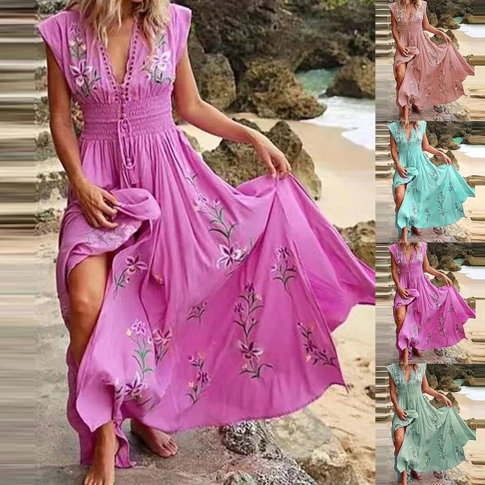 Bohemian Maxi Jurk met V-hals en Bloemenborduursels