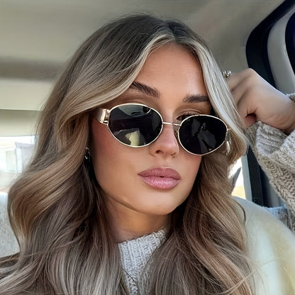 Minimalistische Dames Zonnebril – Retro Ovaal Design met Gouden Accenten