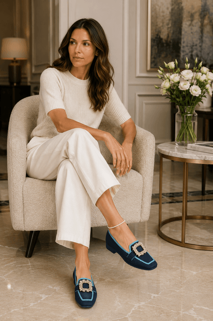 Loafers Dames Gebreid | Vierkante Neus & Kristallen Gesp