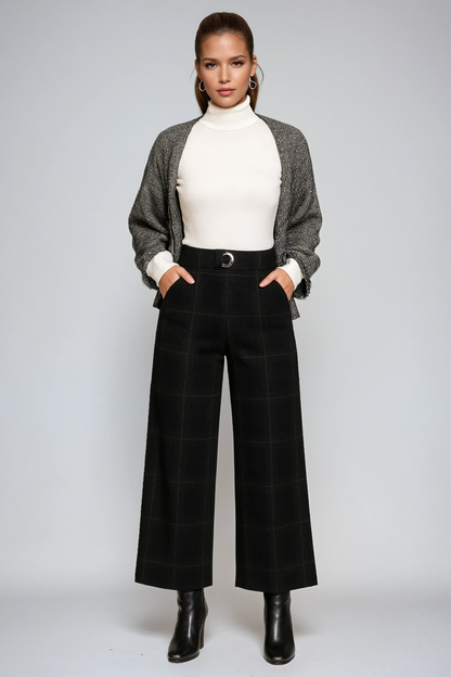 Dames Pantalon met Ruitpatroon – Hoge Taille & Wijde Pijpen