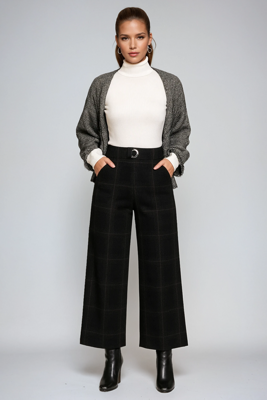 Dames Pantalon met Ruitpatroon – Hoge Taille & Wijde Pijpen