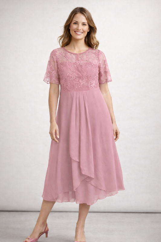 Kleid Hochzeitsgast Damen Midi | Spitzenoberteil & Kurze Ärmel