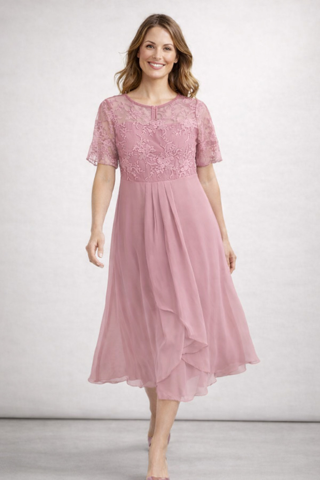 Kleid Hochzeitsgast Damen Midi | Spitzenoberteil & Kurze Ärmel