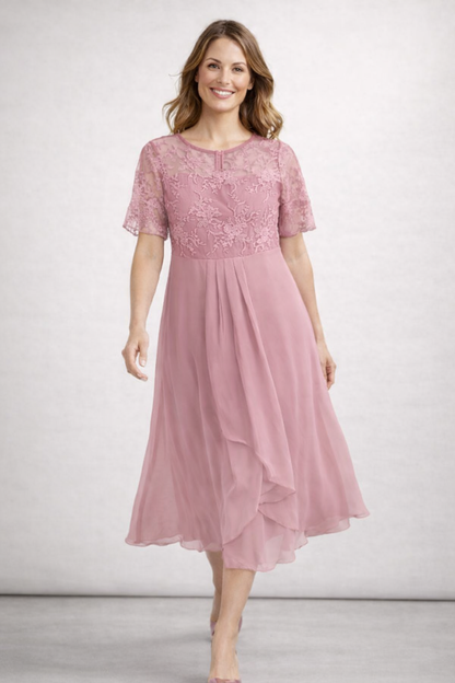 Kleid Hochzeitsgast Damen Midi | Spitzenoberteil & Kurze Ärmel