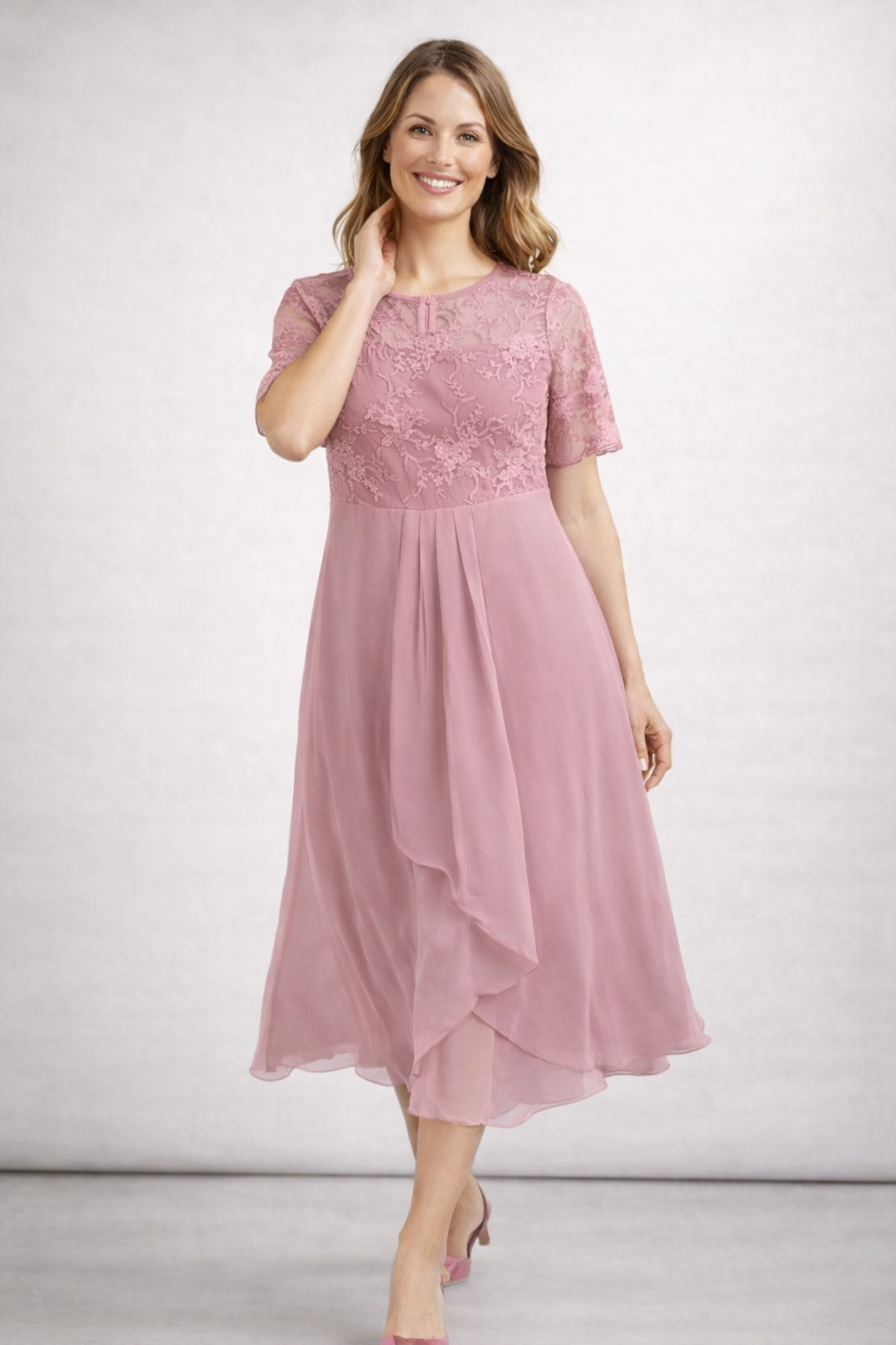 Kleid Hochzeitsgast Damen Midi | Spitzenoberteil & Kurze Ärmel
