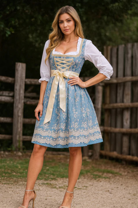 Oktoberfest Dirndl Blauw | Elegante Dames Jurk met Schort
