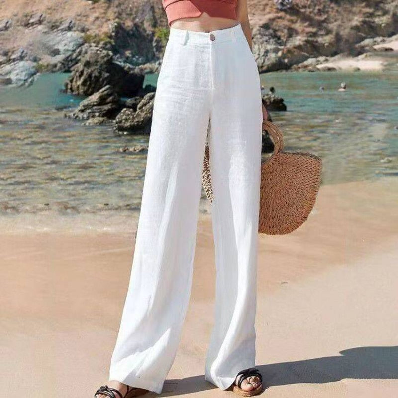 Dames Luchtige Linnen Broek – Wijde High Waist Zomerbroek T-E