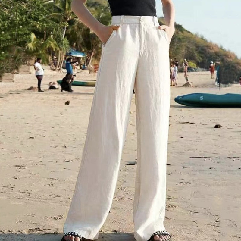 Dames Luchtige Linnen Broek – Wijde High Waist Zomerbroek T-E