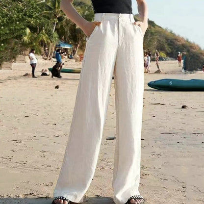 Dames Luchtige Linnen Broek – Wijde High Waist Zomerbroek T-E
