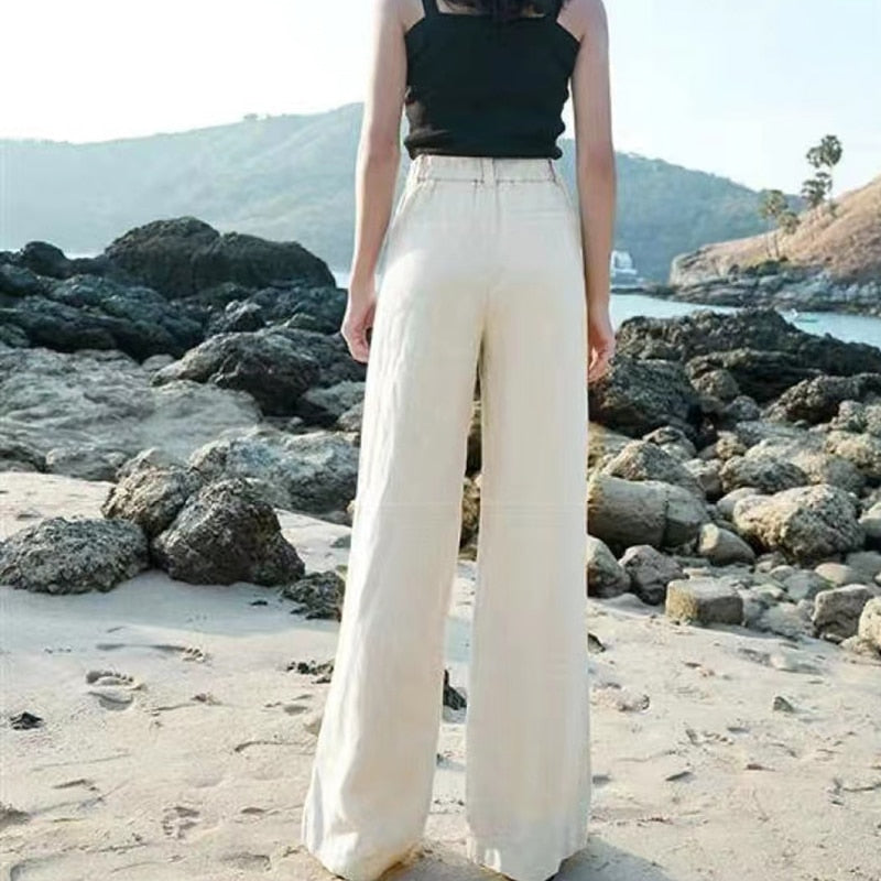 Dames Luchtige Linnen Broek – Wijde High Waist Zomerbroek T-E