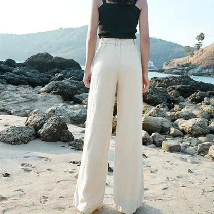 Dames Luchtige Linnen Broek – Wijde High Waist Zomerbroek T-E