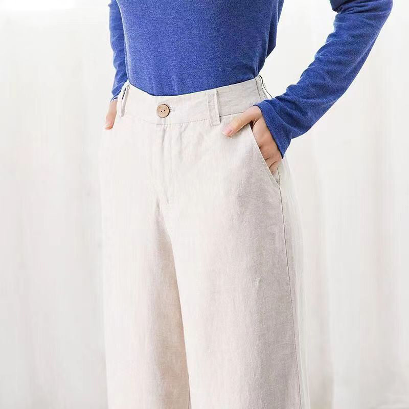Dames Luchtige Linnen Broek – Wijde High Waist Zomerbroek T-E
