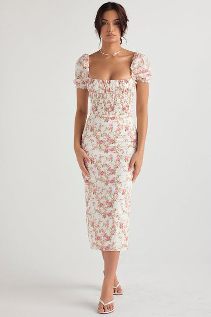 Elegant gesmokte midi-jurk met bloemendessin