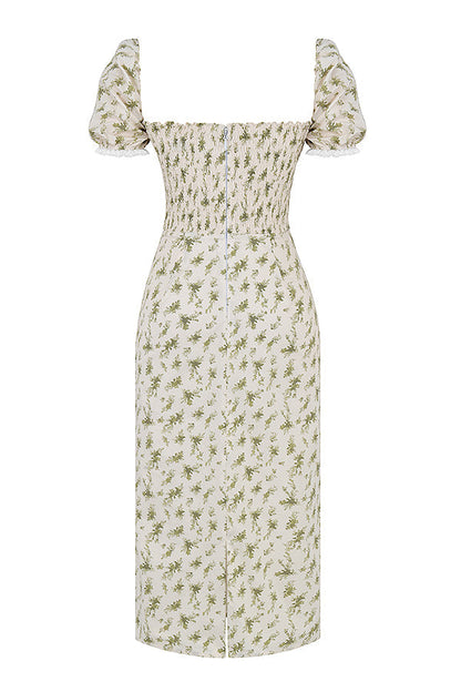 Elegant gesmokte midi-jurk met bloemendessin