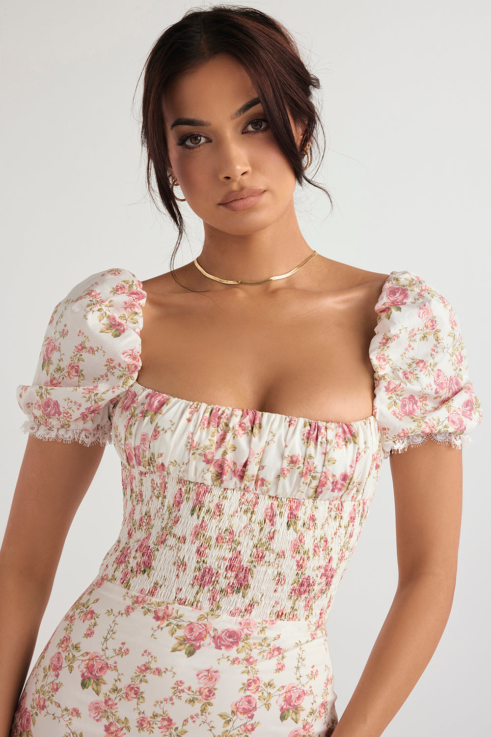 Elegant gesmokte midi-jurk met bloemendessin