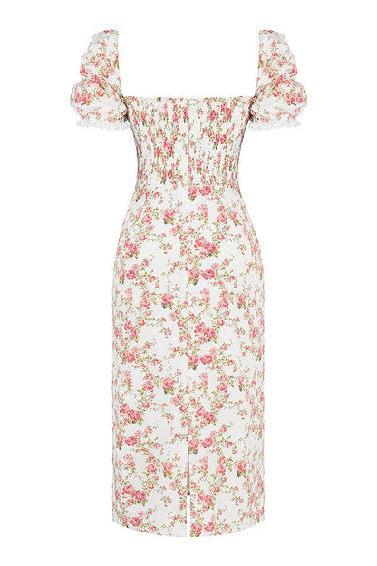 Elegant gesmokte midi-jurk met bloemendessin