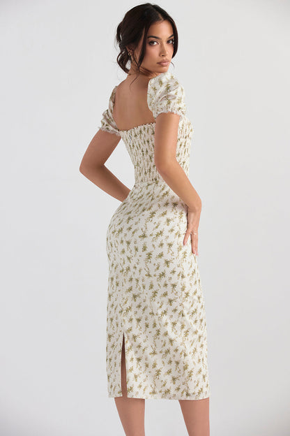Elegant gesmokte midi-jurk met bloemendessin