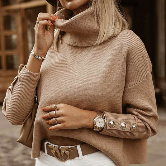 Elegante Dames Coltrui – Warme Oversized Trui met Knoopdetails