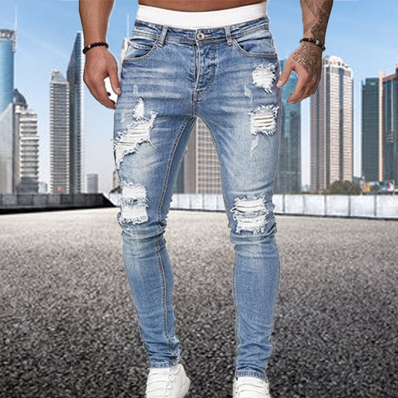 Heren Skinny Jeans – Ripped Denim Broek met Slim Fit T-E