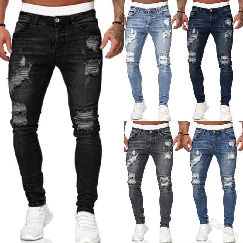 Heren Skinny Jeans – Ripped Denim Broek met Slim Fit T-E