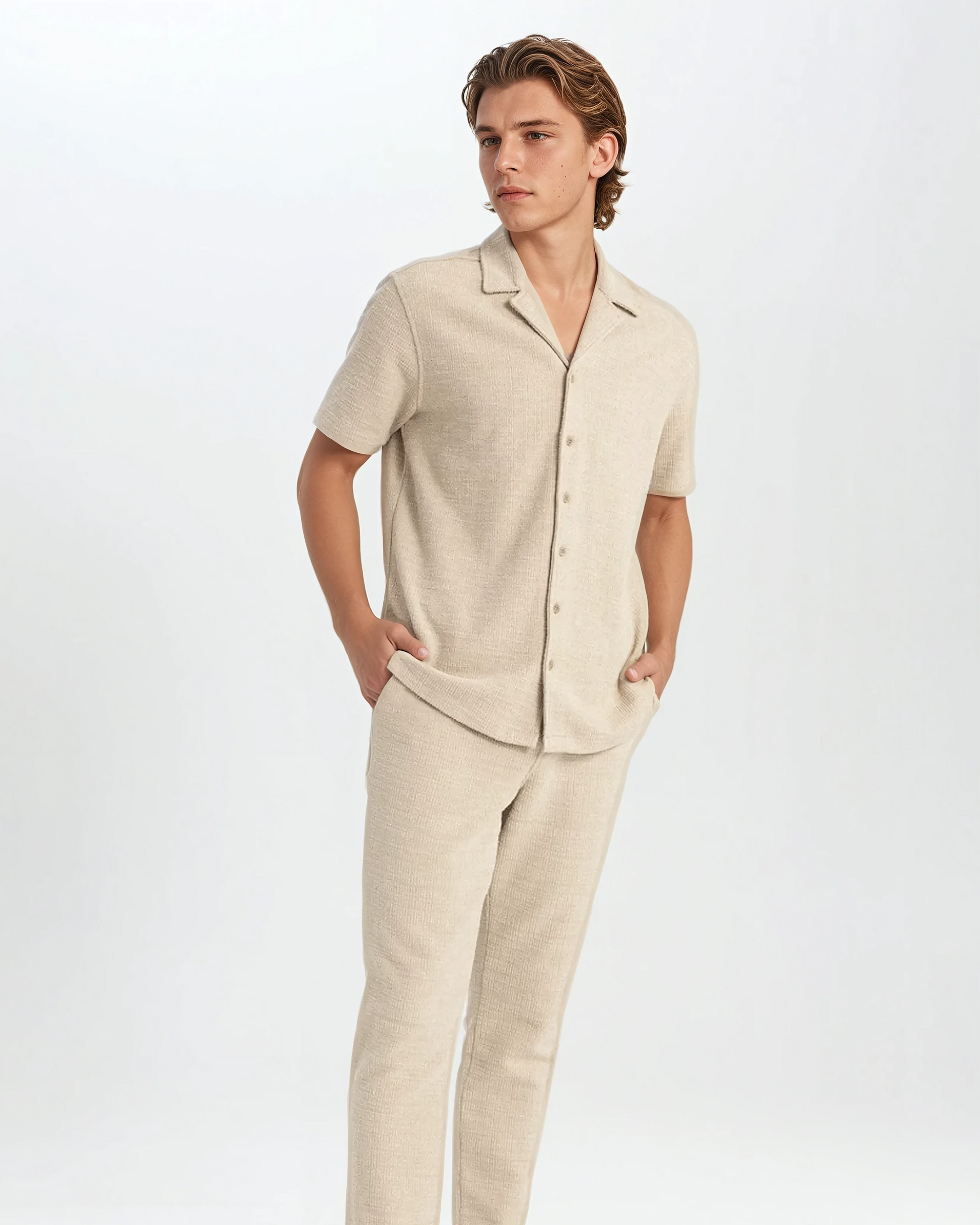 Heren Zomerset van Wafelstof – Luchtig Shirt en Korte Broek in Beige T-E