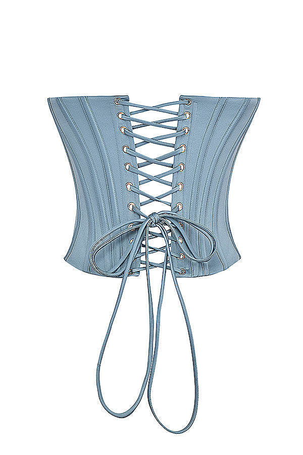 IJsblauwe strapless jurk met corsetdetail en sprankelende accenten