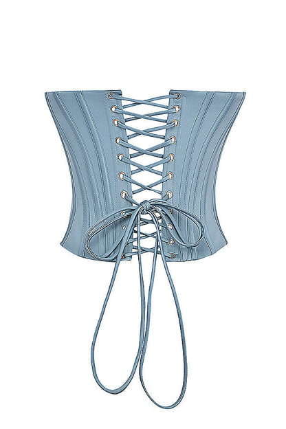 IJsblauwe strapless jurk met corsetdetail en sprankelende accenten
