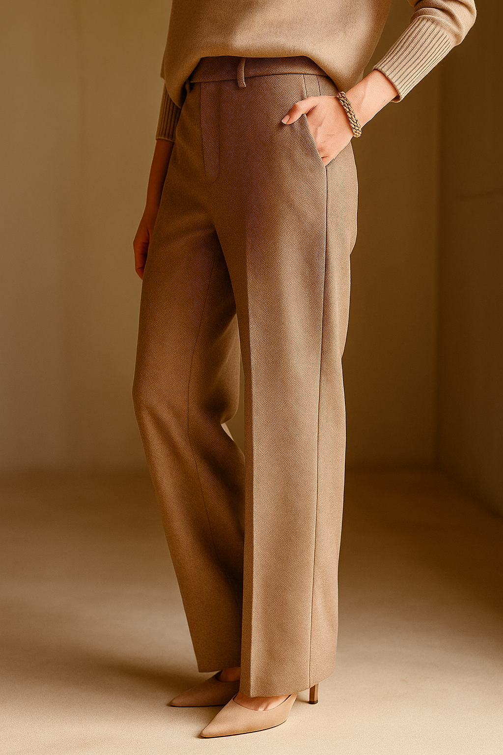 Dames Pantalon | Wolmix Broek met Hoge Taille