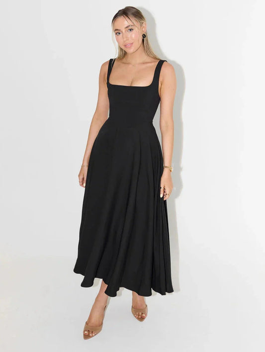 Loes | Midi jurk met hoge taille en vierkante hals
