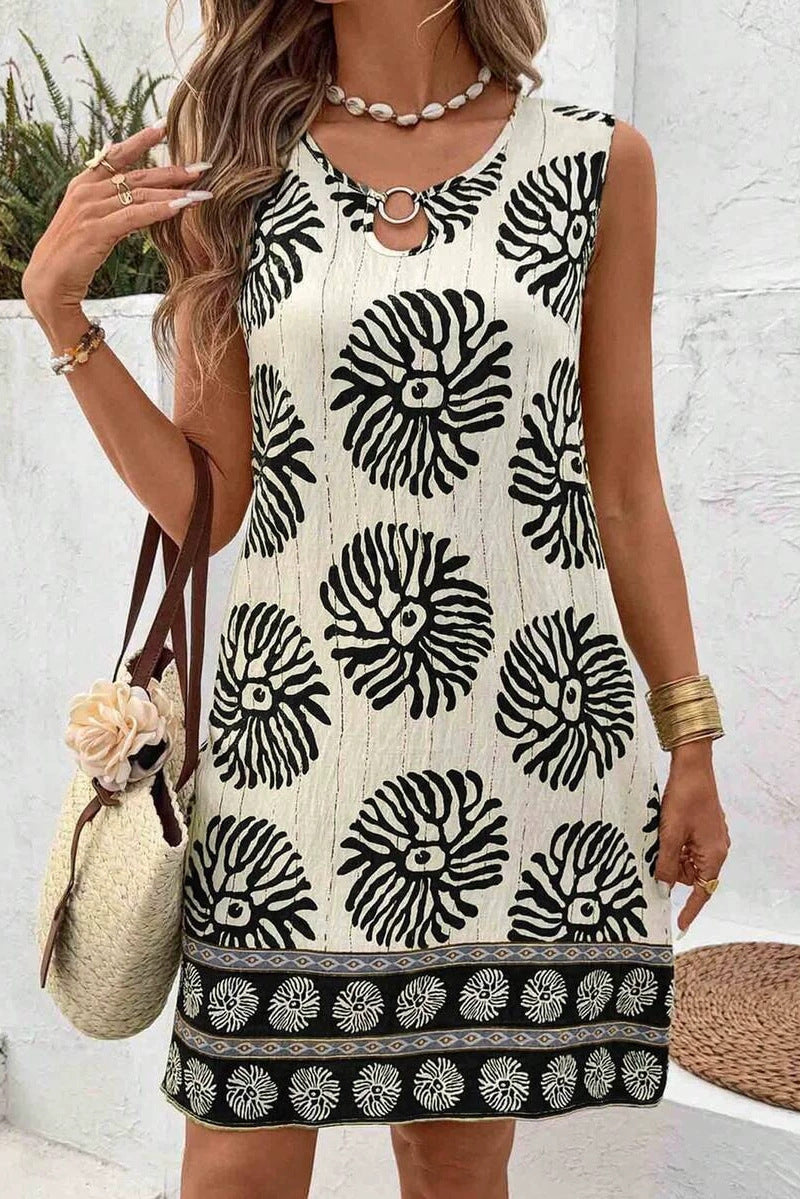 Dames Zomerjurk Mini Mouwloos | Grafische Print & O-Ring Detail