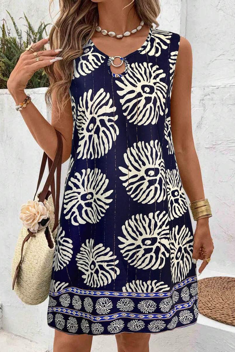 Dames Zomerjurk Mini Mouwloos | Grafische Print & O-Ring Detail