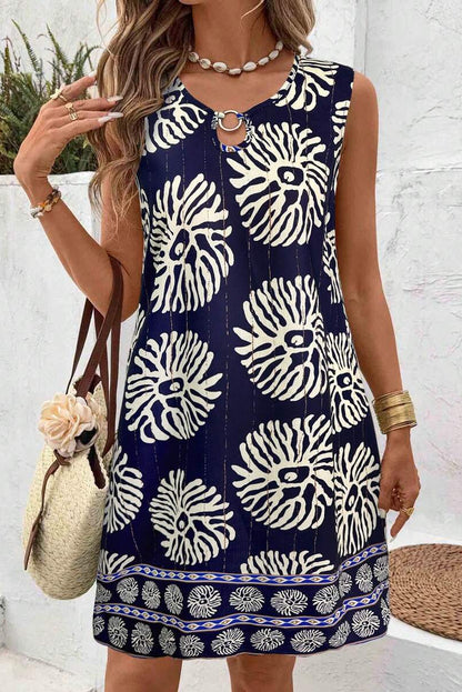 Dames Zomerjurk Mini Mouwloos | Grafische Print & O-Ring Detail