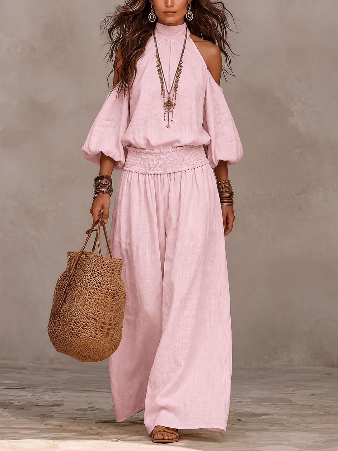 Tweedelige Set Voor Dames | Casual Top Met Ronde Hals, Lange Mouwen En Uitsparingen