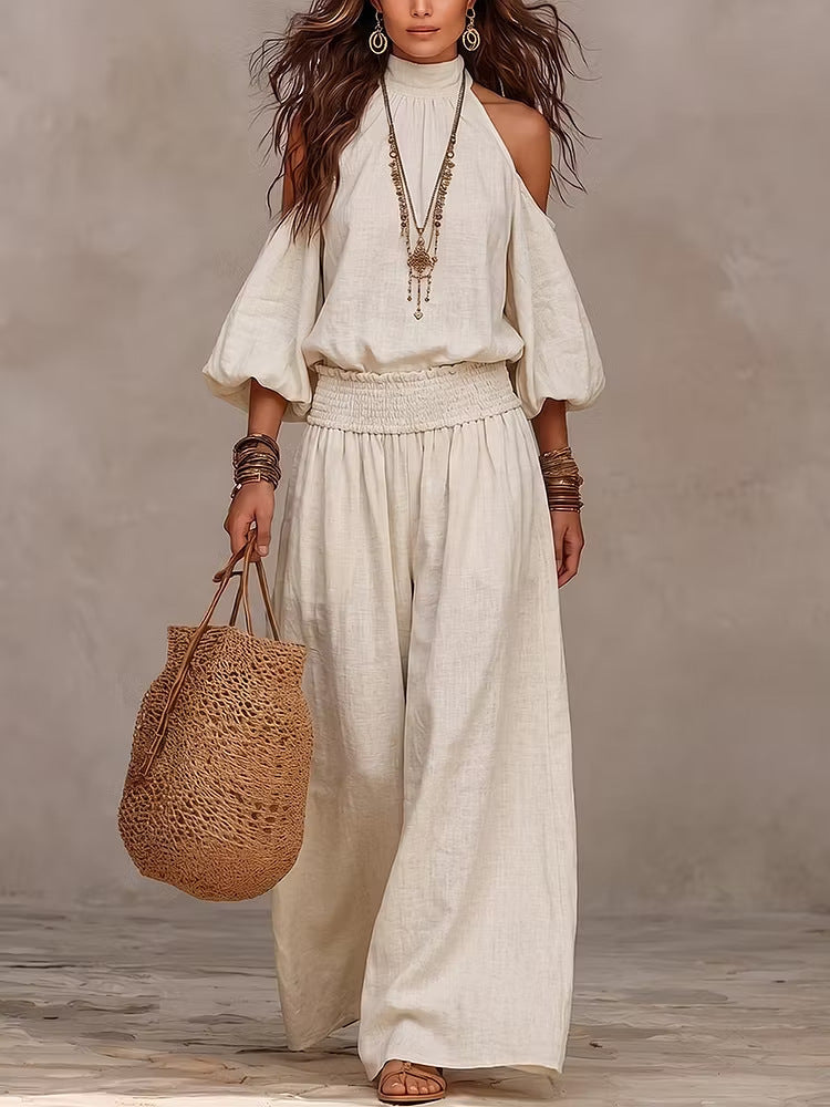 Tweedelige Set Voor Dames | Casual Top Met Ronde Hals, Lange Mouwen En Uitsparingen