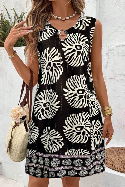 Dames Zomerjurk Mini Mouwloos | Grafische Print & O-Ring Detail
