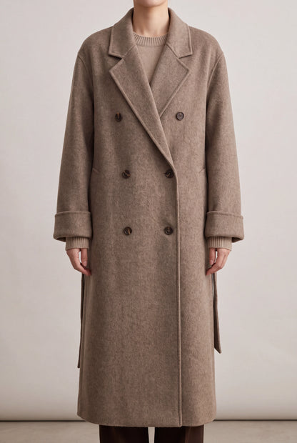 ORABEL lange winterjas voor dames in taupe - oversized double-breasted wollen jas met ceintuur
